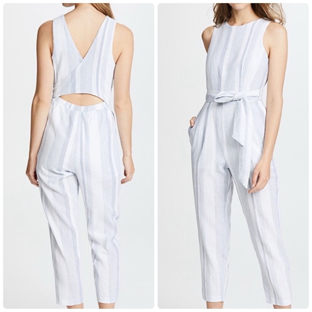 ASTR Presley Linen Blend Sky Blue Stripe Jumpsuit